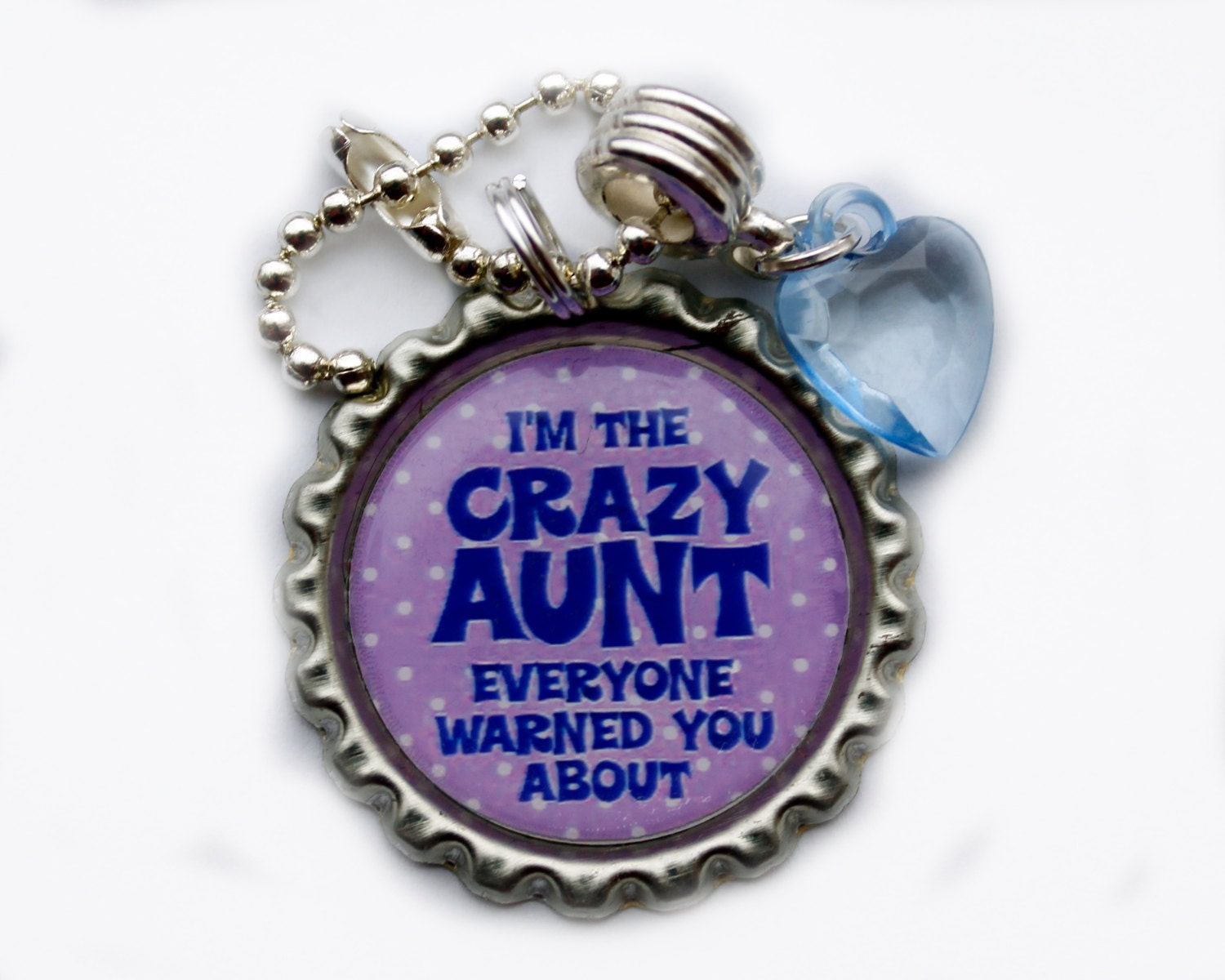 Funny Aunt Keyring -purple Auntie bottlecap keychain with heart charm -I'm the Crazy Aunt Everyone Warned You About -gift for her -under 10