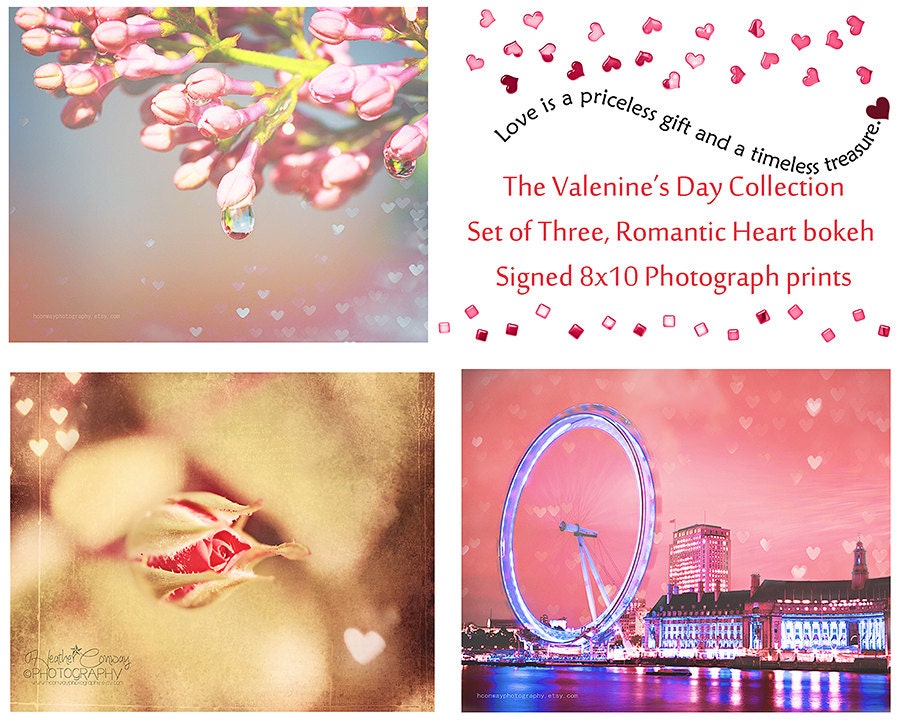 Love Collection - Set of three 8x10 signed photographs, Pink Lilacs, Red Rose, The London Eye Ferris Wheel of love -Heart bokeh
