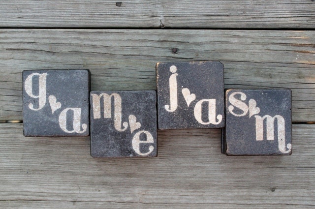 oil rubbed bronze stone coasters custom monogram initial wedding coasters favor rustic wedding gift groomsman gift