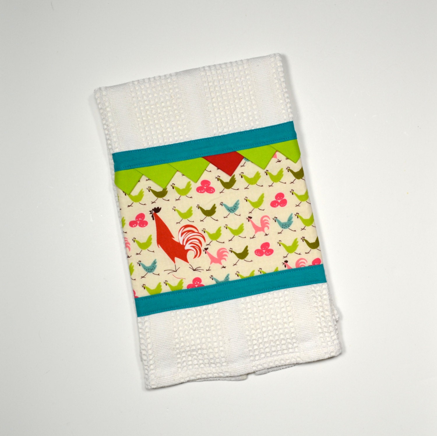 Kitchen Towel, Lime Green, Teal Hand Towel, Rooster and Chickens