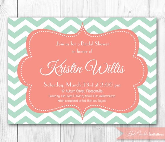Mint Bridal Shower Invitation - Modern Chevron in Mint & Coral. DIY Printable Bridal Shower Invite or Baby Shower Invitation. Il_570xn