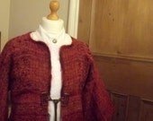 cranberry red tweed weave coat leather fastening jacket cardigan womens vintage clothing rustic handmade Womens