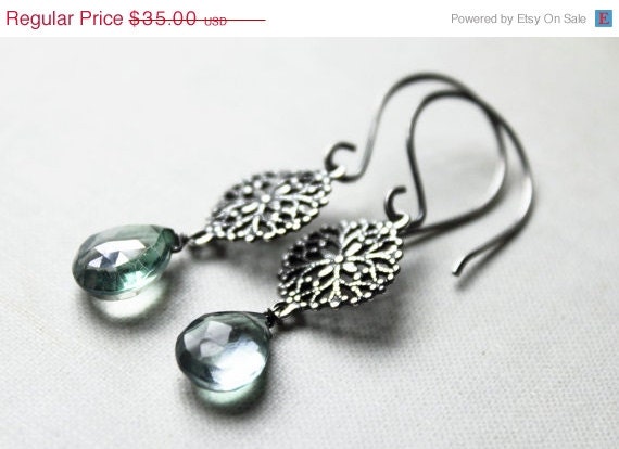 Spring Sale debutante. earrings. (mystic teal green quartz. teardrop. gemstone. oxidized sterling silver. wire wrapped.)