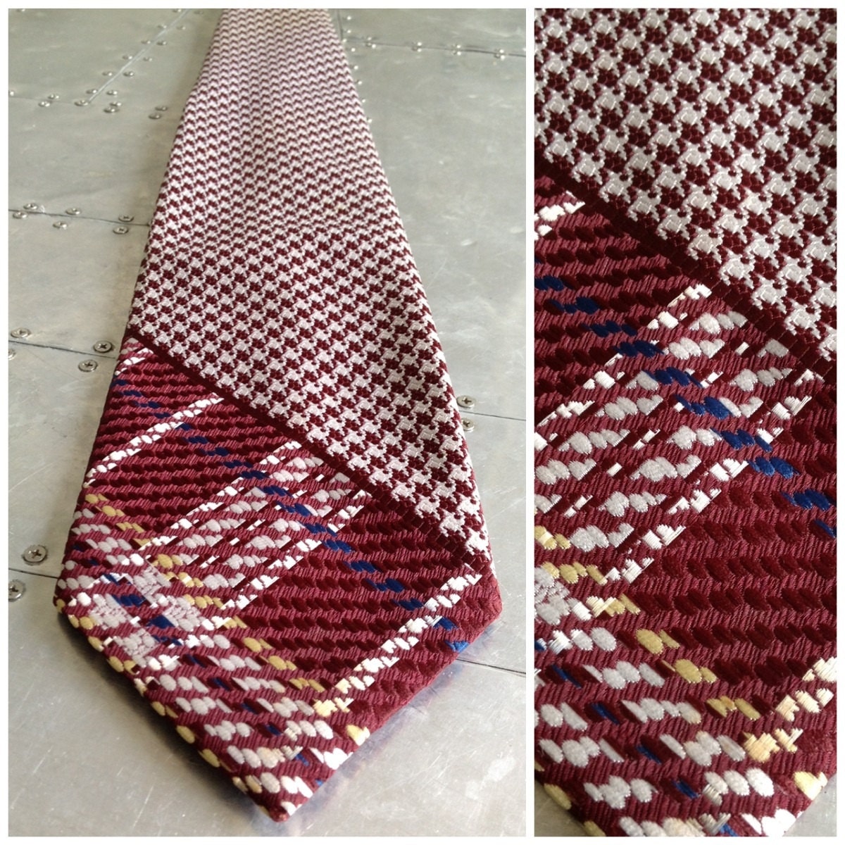 Vintage 70s Mens Wide Tie  - Disco Era - Burgundy Ivory Yellow & Blue Necktie