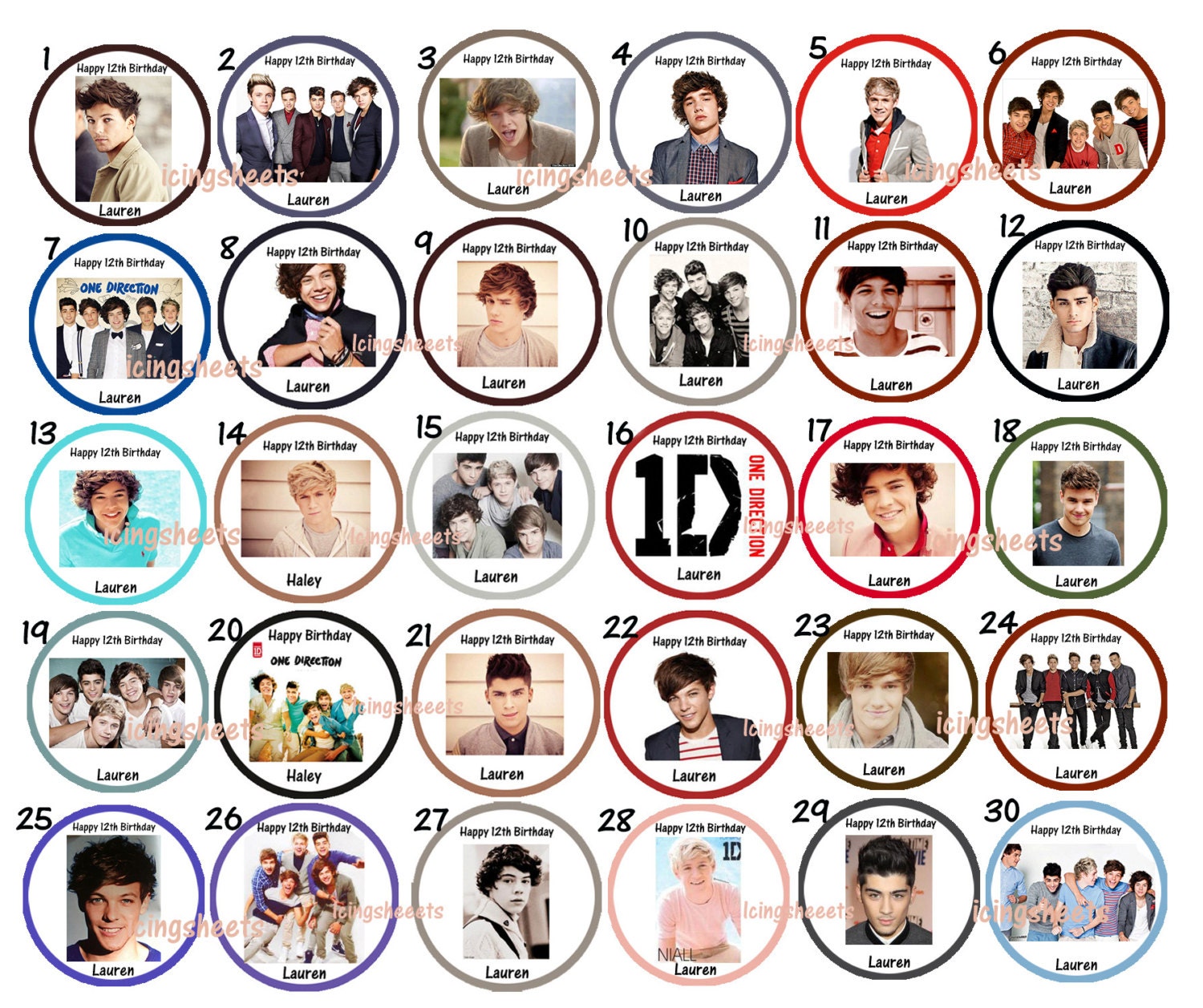 One Direction Photo Edible cookie cupcake tops birthday party decoration