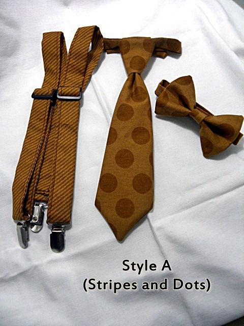 ON SALE- Brown Lil Boy Suspenders Set includes  Suspenders, Necktie, and Bow Tie - Sizes newborn to 10 years.