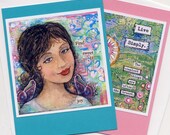 Set of 2 Notecards - Find Sweet Joy and Live Simply, A2 blank greeting cards, mixed media artwork, inspirational quotes, Turquoise and Pink