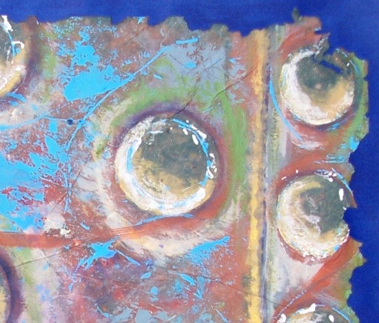 Blue Original abstract art circles and geometrical shapes mixed media recycled paper polka dots home office decor 19.5"x 25.5"