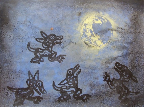 Blue painting modern decor Black Aztec dogs with Moon original art circles and geometrical shapes mixed media recycled paper home office art