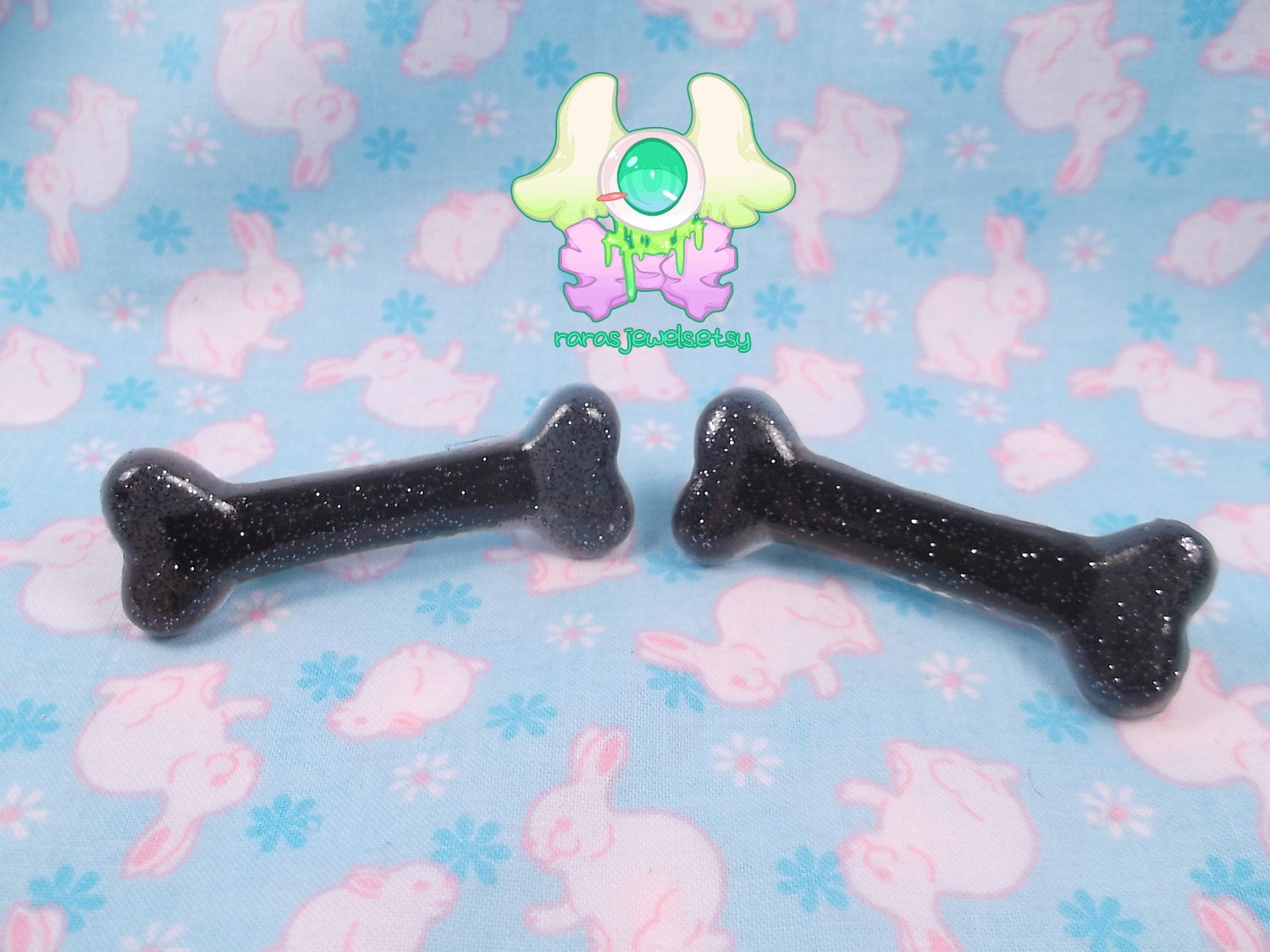 Creepy Cute Bone Hair Clips - Black with glitter