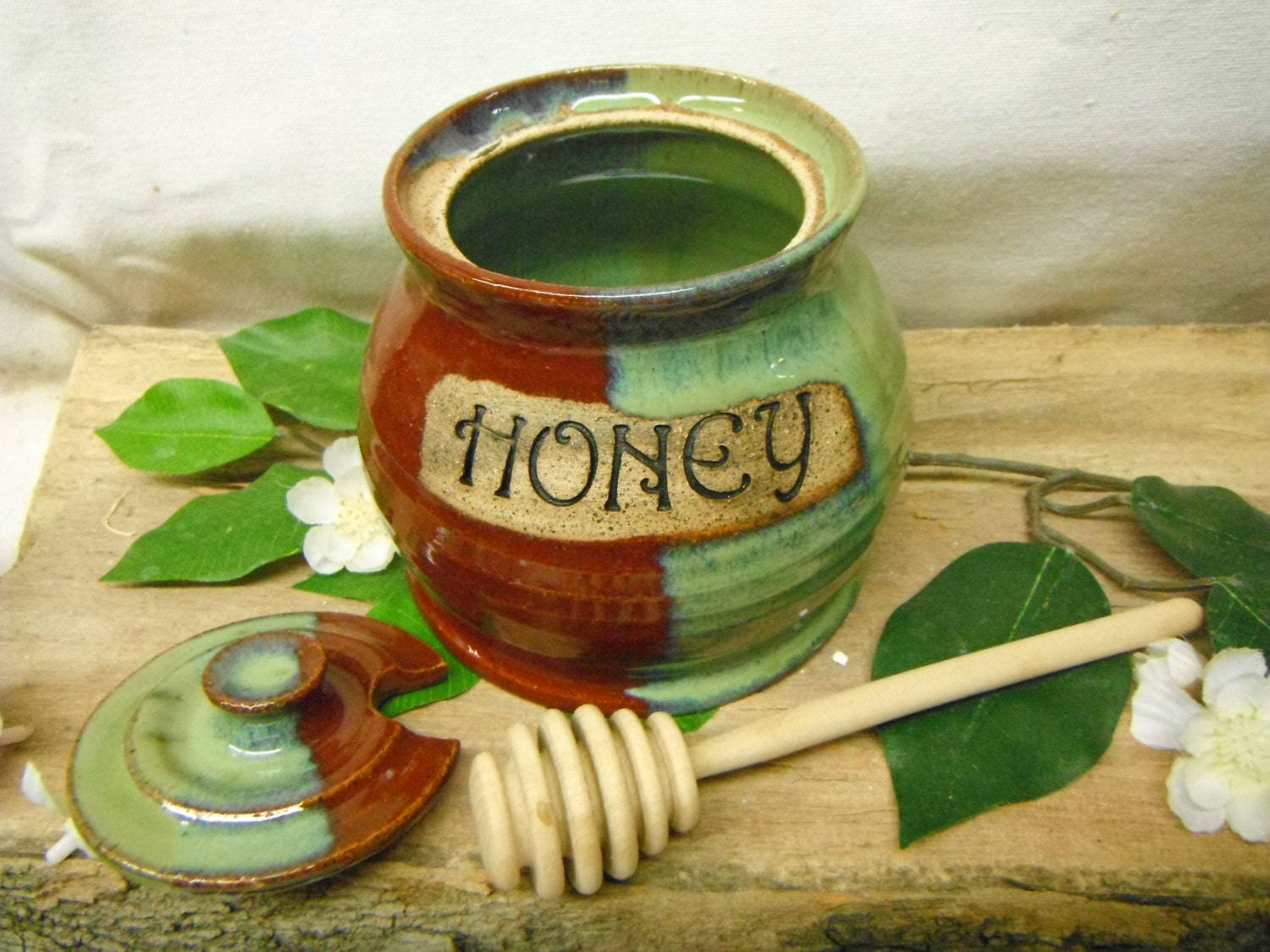 Honey Pot - Jar - Kitchen Storage -  Brick Red and Jade Green
