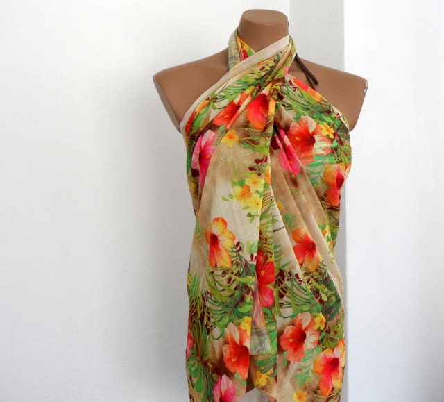 Light Brown Scarf Pareo, Floral Scarf, Women Scarves
