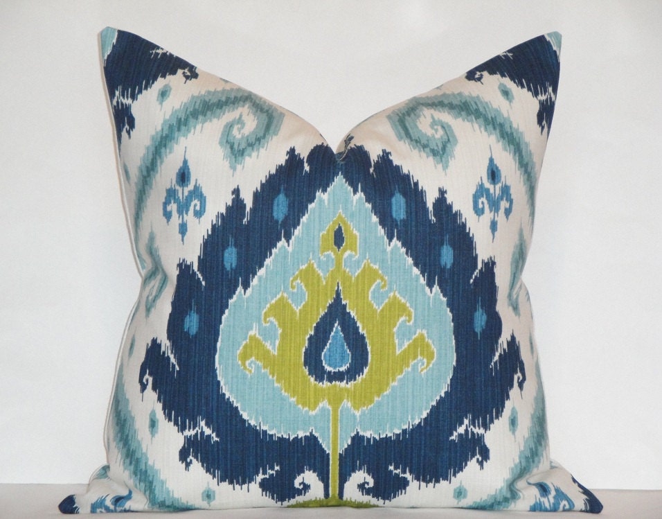 20 x 20 or 18 x 18 - IKAT- Decorative Pillow Cover / Blue / Chartreuse / Turquoise / Aqua / Throw Pillow / Accent Pillow