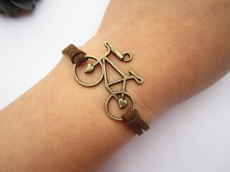 Bike bracelet---antique bronze love bike & brown wax rope chain