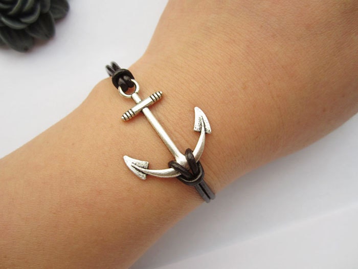 Anchor Bracelet---antique silver unique anchor&brown leather chain