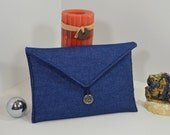 Padded Kindle Cover, Handmade E-Reader Cover in Etsy, iPad mini Cover Made of Denim Fabric, Velvet Lining, Silver Button and Loop Closure