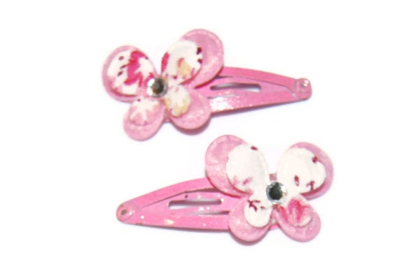Pink Butterfly Snap Clip Set with Pink Snap Clips and Rhinestone Centers