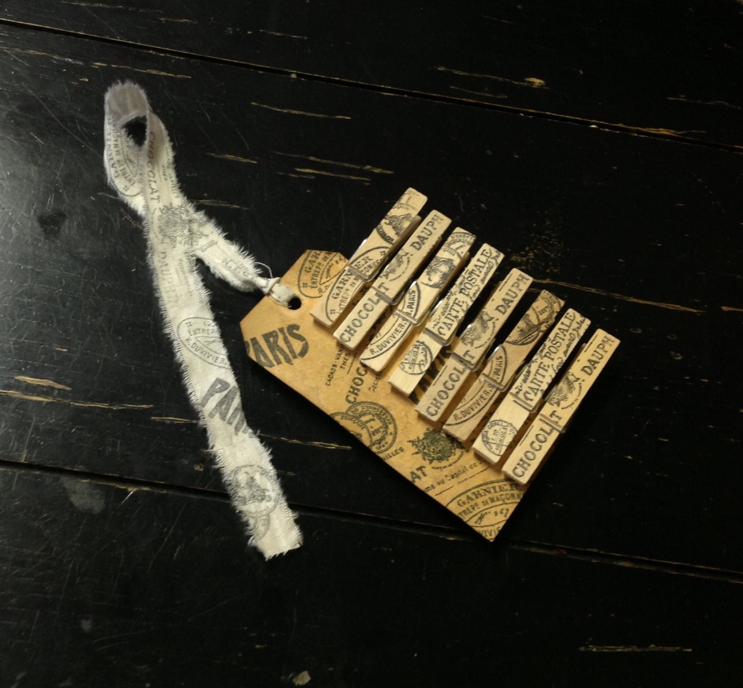 Shabby chic clothespins with hand stamped french inspired ribbon- shabby chic gift tags- perfect for weddings