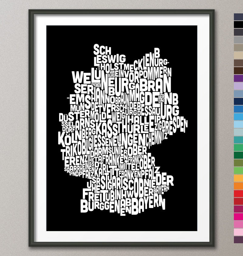 Typography Text Map of Germany Map, Art Print 18x24 inch (279) - colour options