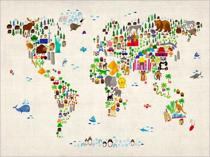 Animal Map of the World Map for children and kids, Art Print, 24x36 inch (60)