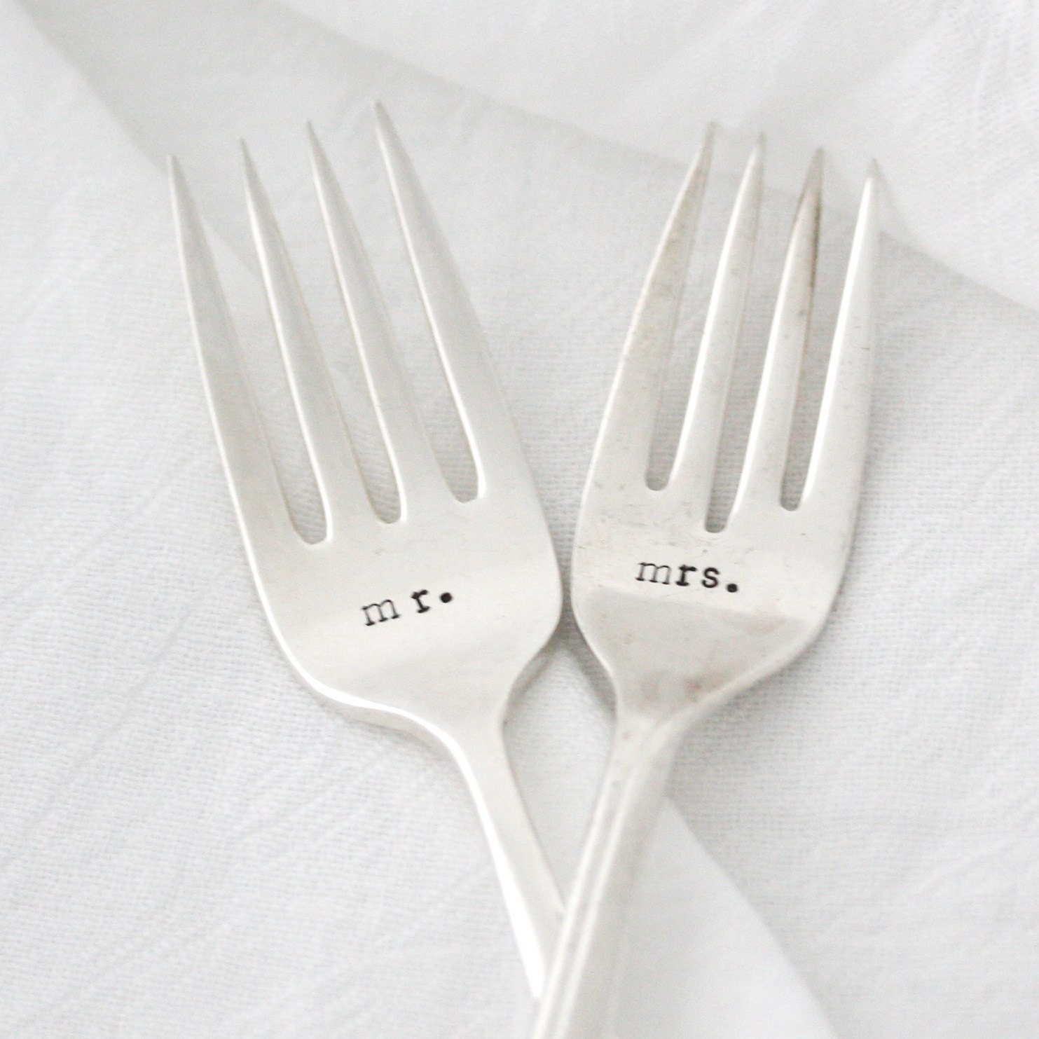 Table Setting- Mr & Mrs hand stamped wedding forks for wedding gift or engagement gift. Boho wedding decor by MilkandHoneyLuxuries