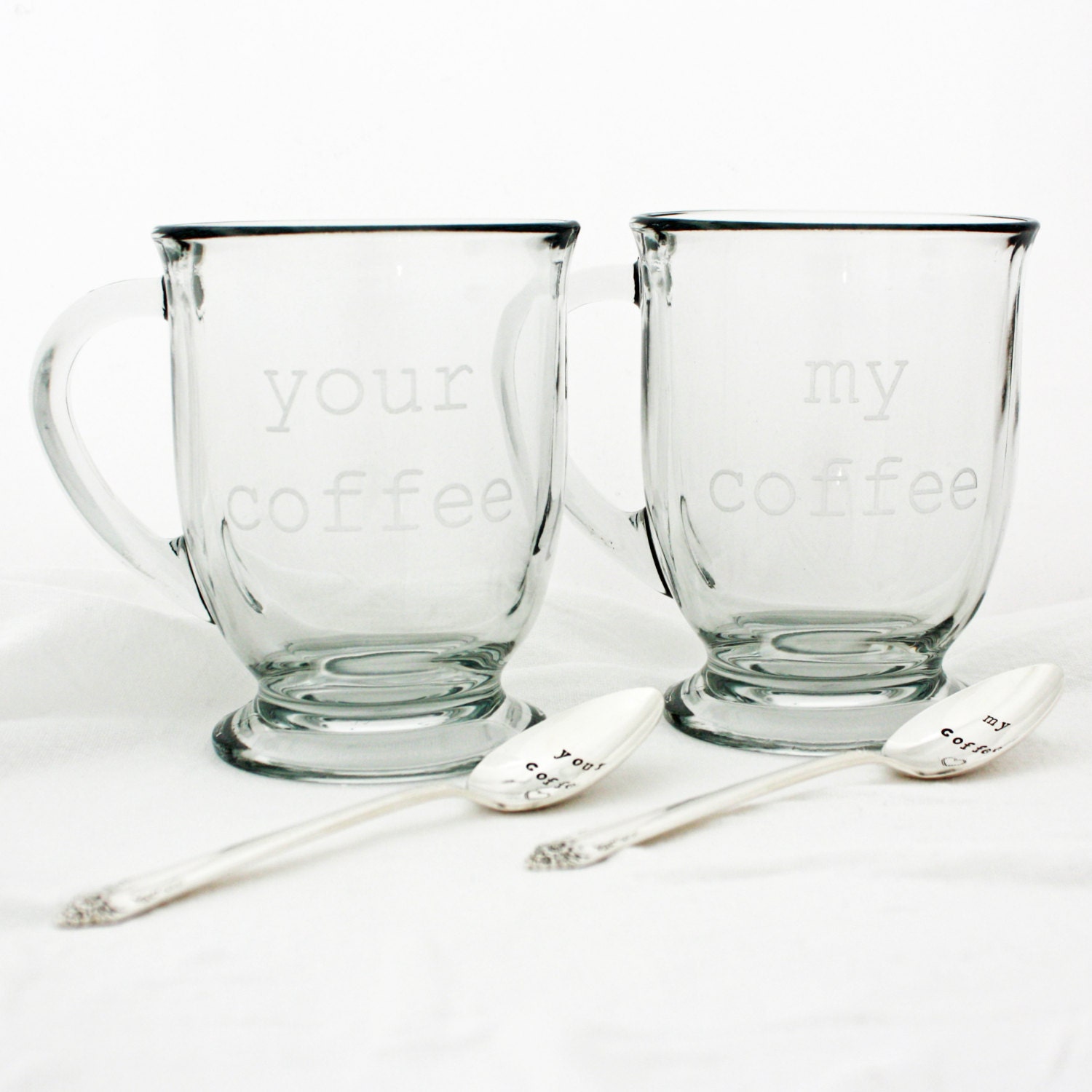 Gift Set, Your Coffee, My Coffee spoons and mugs. Etched glass coffee mugs hand stamped spoons engagement gift idea under 50 made to order