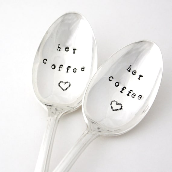 Her Coffee spoon set.  Stamped flatware for engagement, newlyweds or wedding gift. By MilkandHoneyLuxuries