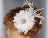 White Crystal Organza and Silk Flower Feather Fascinator Wedding, Bridal, Shipping Included US
