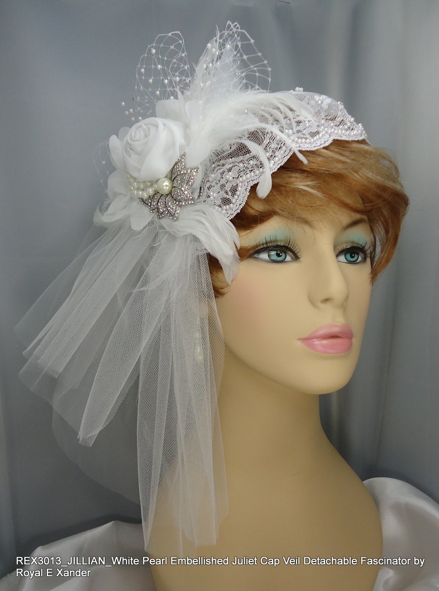 White Juliet Cap Double Tiered Veil Detachable Art Deco Fascinator and Marquis Cut Rhinestone Brooch Bridal Ensemble US Shipping included