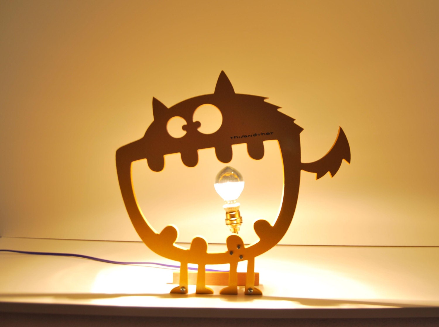 Funny Yellow Cat Table Lamp Geekery Modern Kids Room Decor Light Bulb as Mouth Tongue Spooky Fun Gift for Tech Lover