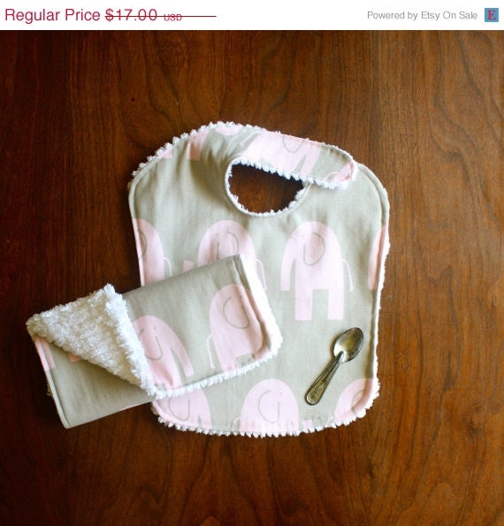 ON SALE Pink and Beige Elephant Baby Bib and Burp Set // Gift Set