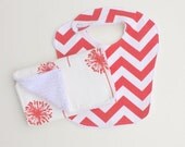 ON SALE Coral Dandelion and Chevron Baby Bib and Burp Set // Mix and Match Baby Bib and Burp Set