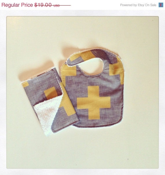 ON SALE Baby Bib // Mustard and Gray Plus One Bib and Burp Set // Baby Shower Gift