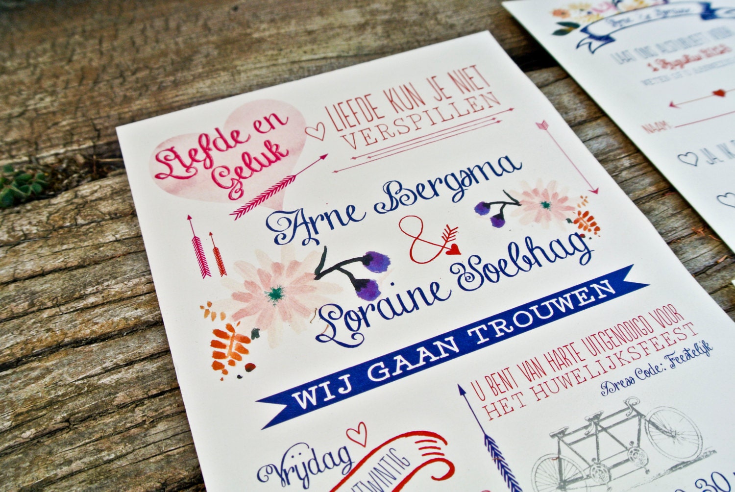 Wedding Invitation : Rustic and Modern Water Color flowers and bike
