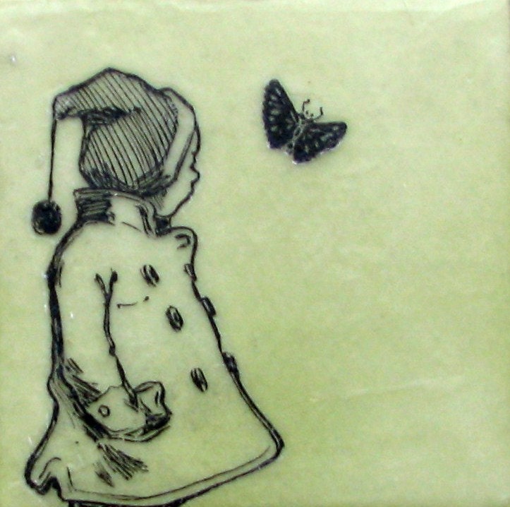 Original Encaustic Painting Light Green Butterfly and Boy with a Hat - WebandElmStudio