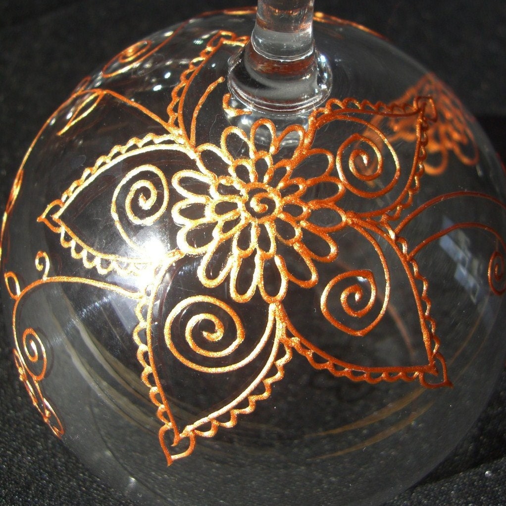CUSTOM & PERSONALIZED (option) wine glass set of two in Mehndi designs .Asian inspired, Henna style, designed with symbolism