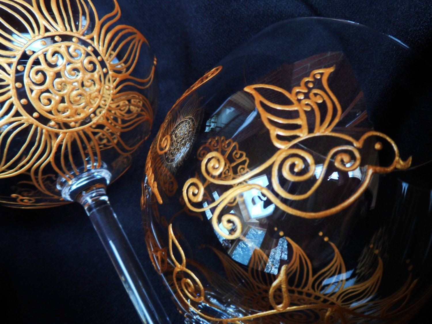 BIRD & henna designs wine GLASS (2). One of a kind. option to PERSONALIZE. Symbolize freedom and are messengers between heaven and earth