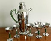 Vintage Cocktail Barware Pitcher Chrome Martini Set Emerald Green Handle Six Mid Century Barware