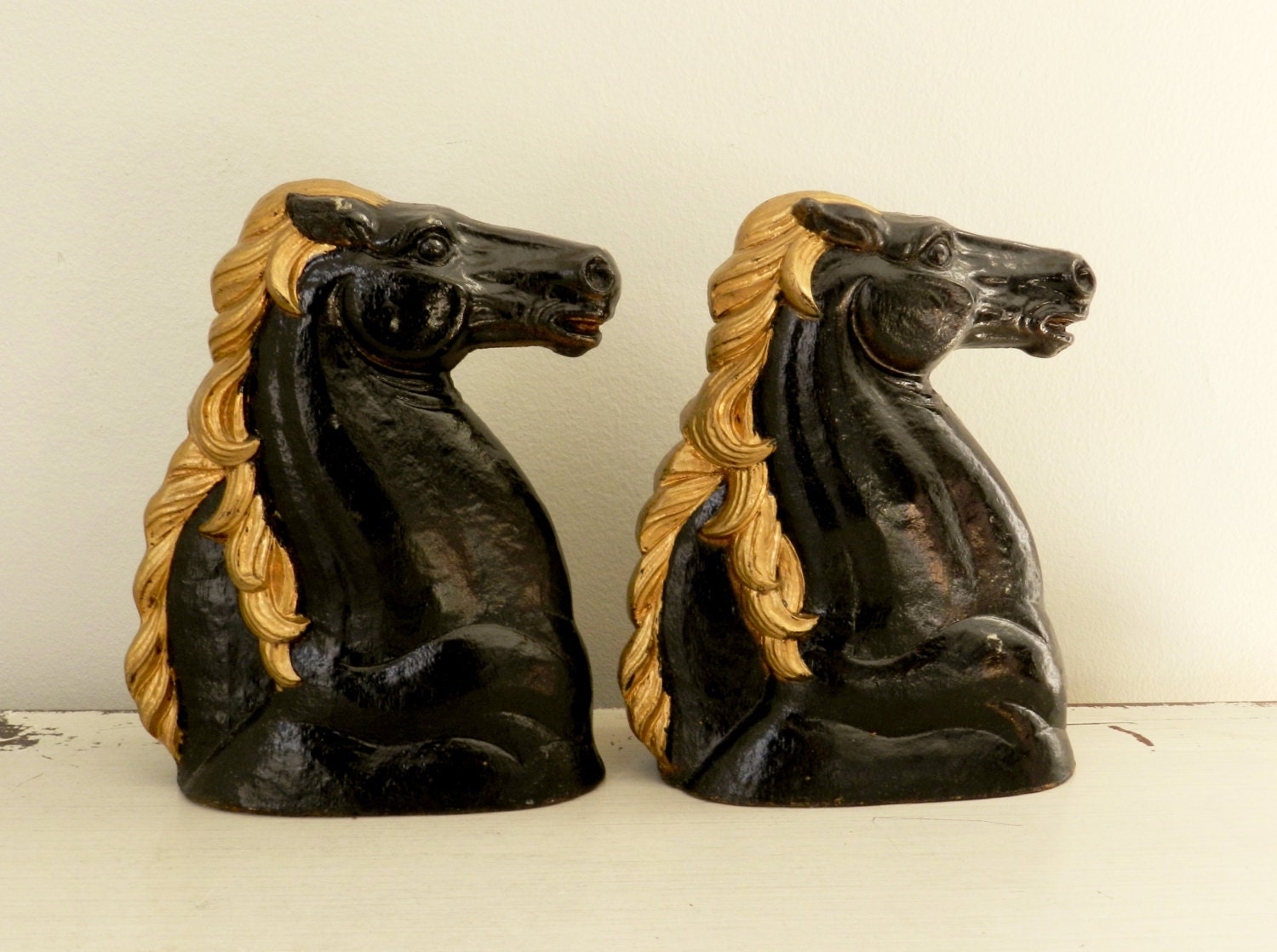Vintage Horse Head Book Ends Black Gold Horse Head Equestrian Old Hollywood Regency Decor Bookends