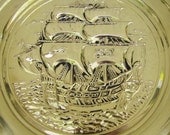 Vintage Brass Wall Hanging Plate- Sailing Ship Scene- Made in England- Fireplace Decoration- Nautical Theme Decor