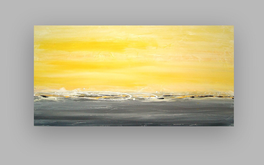 Yellow and Gray Abstract Acrylic Art Original Painting Titled: Morning Mist 5 24x48x1.5" by Ora Birenbaum