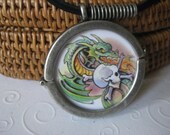 Dragon and Skull Tattoo Locket Necklace on black leather cord - Urban Industrial Inspired