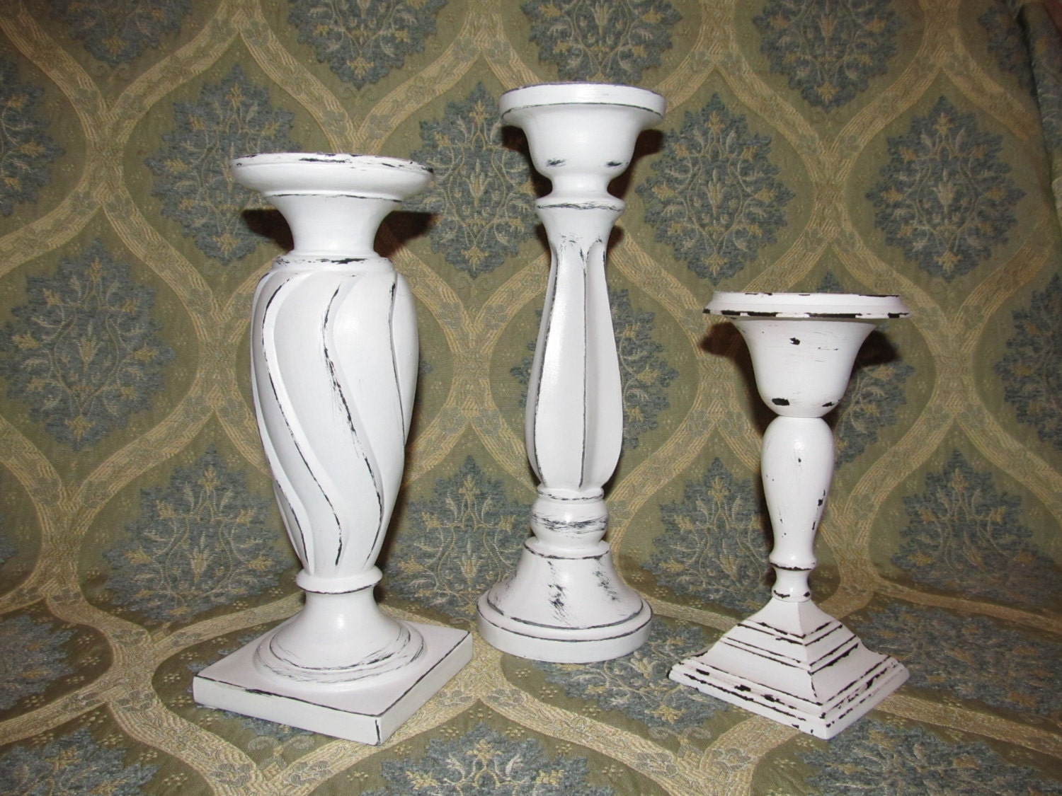 Three Piece Shabby Chic Pillar Candle Holders Antique White