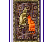 Modern Art, Cat Family-Cat Lovers and Friends,  Greeting Card-Abstract Design-Smooth, Matte,  Art Card, Blue, Green, and Orange.