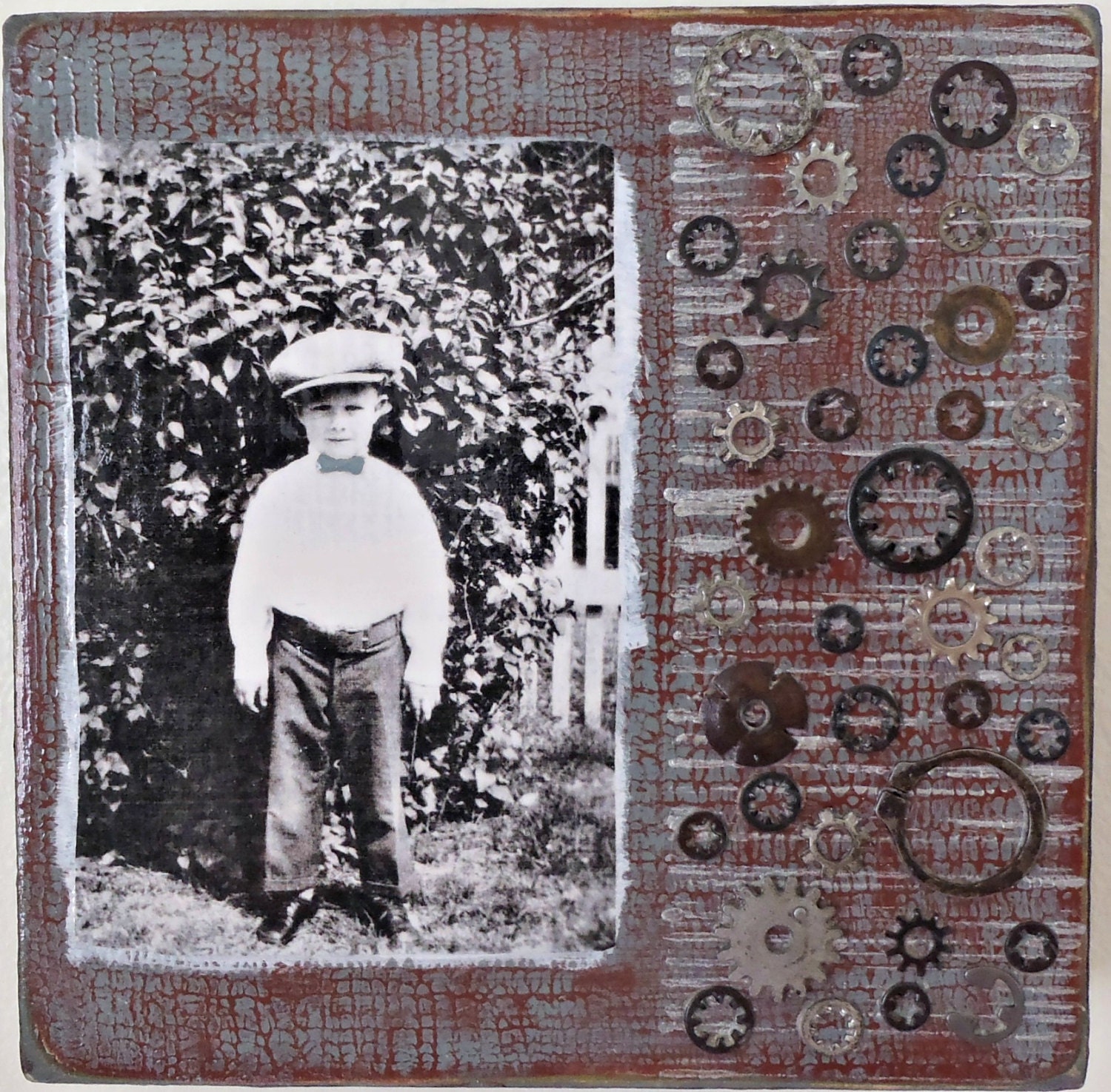 JAMES   -   A mixed media original painting on a wood art panel featuring salvaged metal embellishments and a vintage photo of a little boy.
