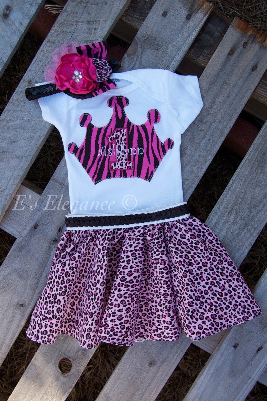 Adorable OTT Pink and Black Cheetah Zebra Princess Crown Birthday Outfit Onesie Skirt First Second Bow Headband Girls Baby Animal Print