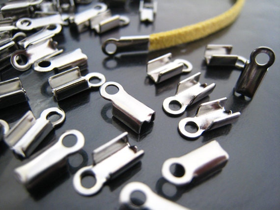 Finding - 20 pcs Silver Plated Metal Smooth Finish Crimp Bead Cord End Cap Clasp Fastener Fold Over Clip 4mm x 9mm
