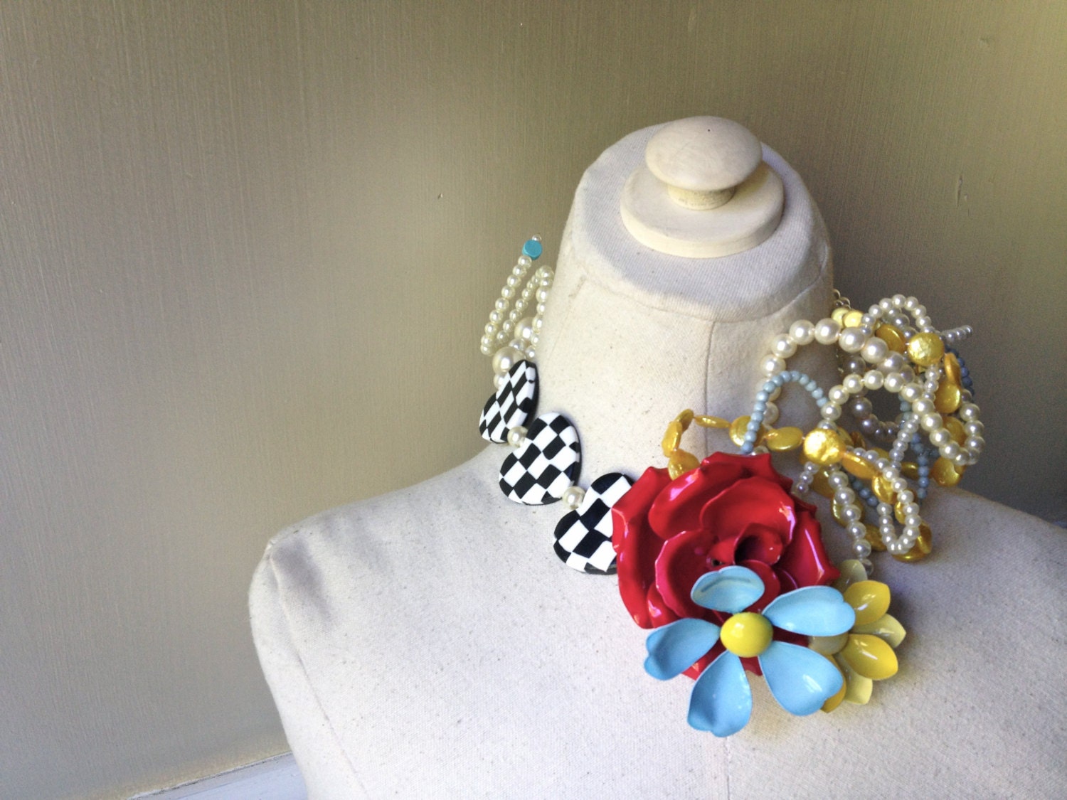 Flower Brooch Pearl Wedding Checkered Statement Necklace in Red, Blue, Yellow, Cream, & Black Heart Jewelry by ZILLAS QUEEN