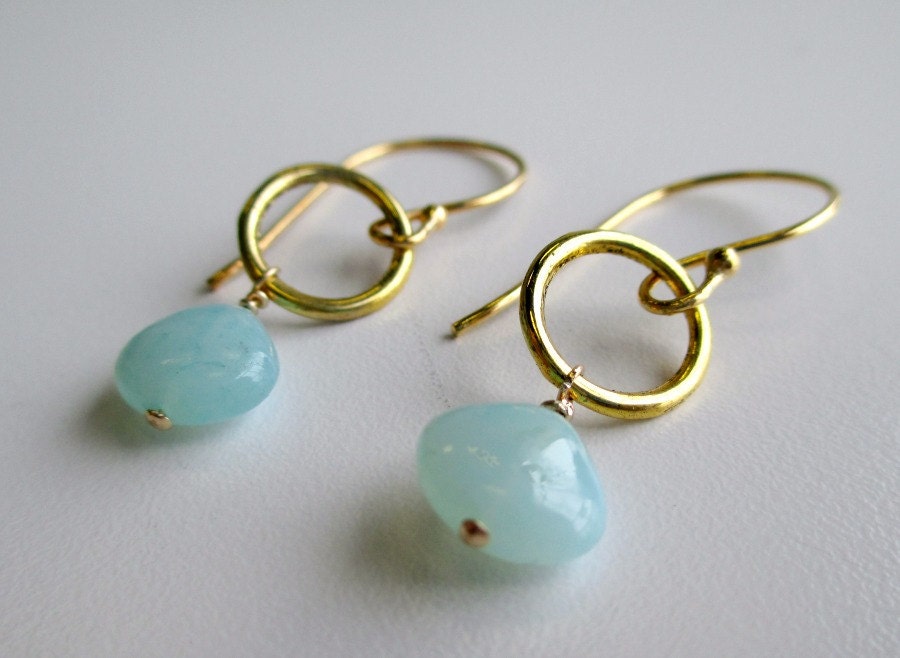Mint Chalcedony Briolette Gold Dangle Earrings