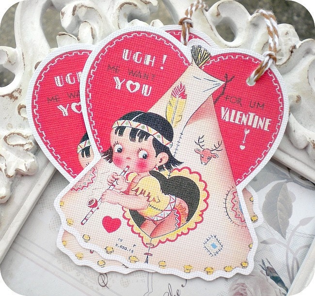 Vintage Indian Girl Valentine Tags - Set of 4 - Vintage Inspired - Cottage Shabby Chic - Valentine's Day